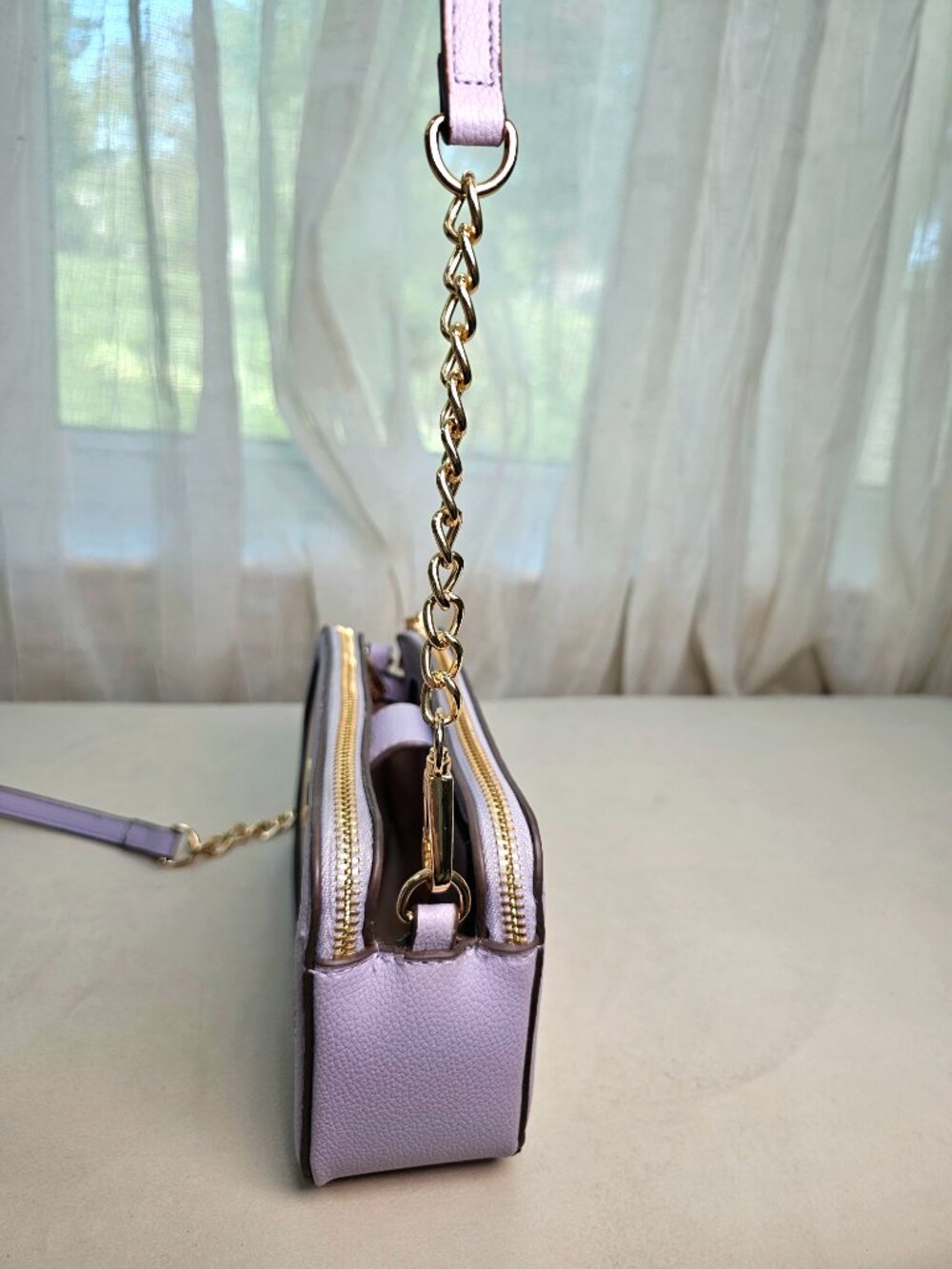 Anne Klein Lavender Cork Double Zip Camera Crossbody Bag Gold Chain Strap - Picture 4 of 15